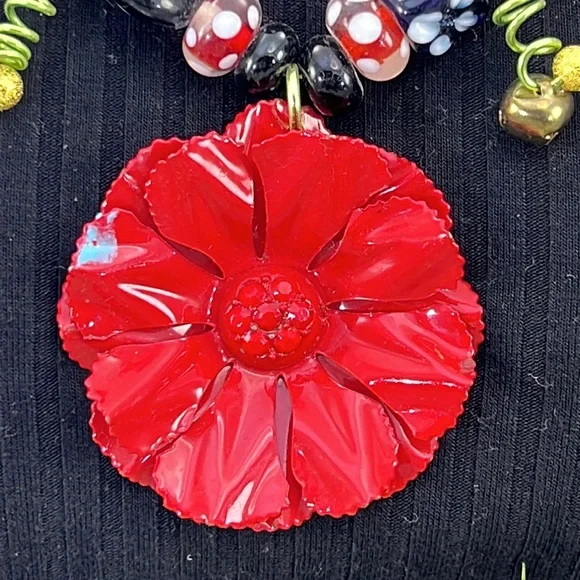 ⭐️Adorned Crown Artisan Assemblage jingle bell poinsettia Christmas necklace - Picture 2 of 11